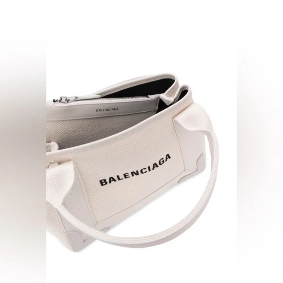 Balenciaga XS Navy Cabas Bag White Cream Black Logo Print Tote NWT - Picture 7 of 11
